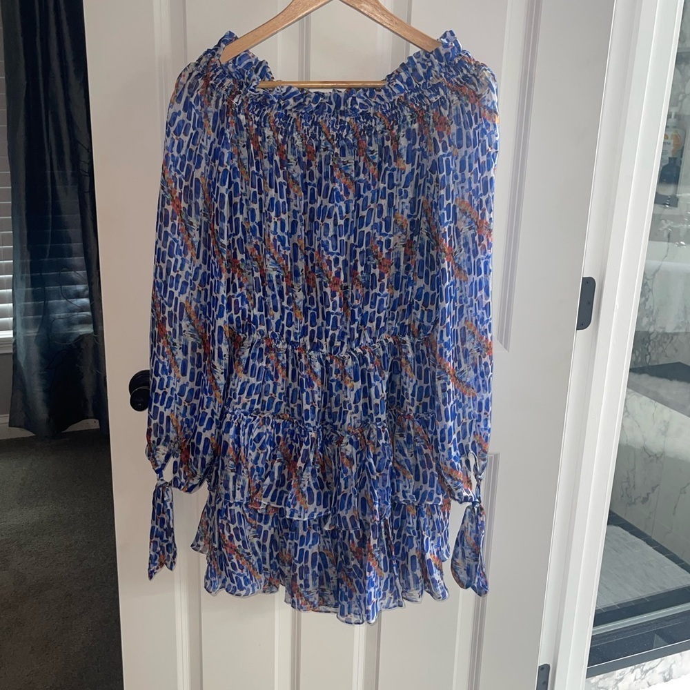 CAROLINE CONSTAS for INTERMIX Off-Shoulder Blue and Red Patterned Minidress Med - Picture 7 of 7